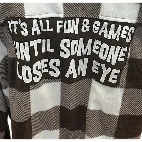 Plaid Fleece Button Up Crop Top MEDIUM All Fun Games Until Someone Loses An Eye - Picture 2 of 6